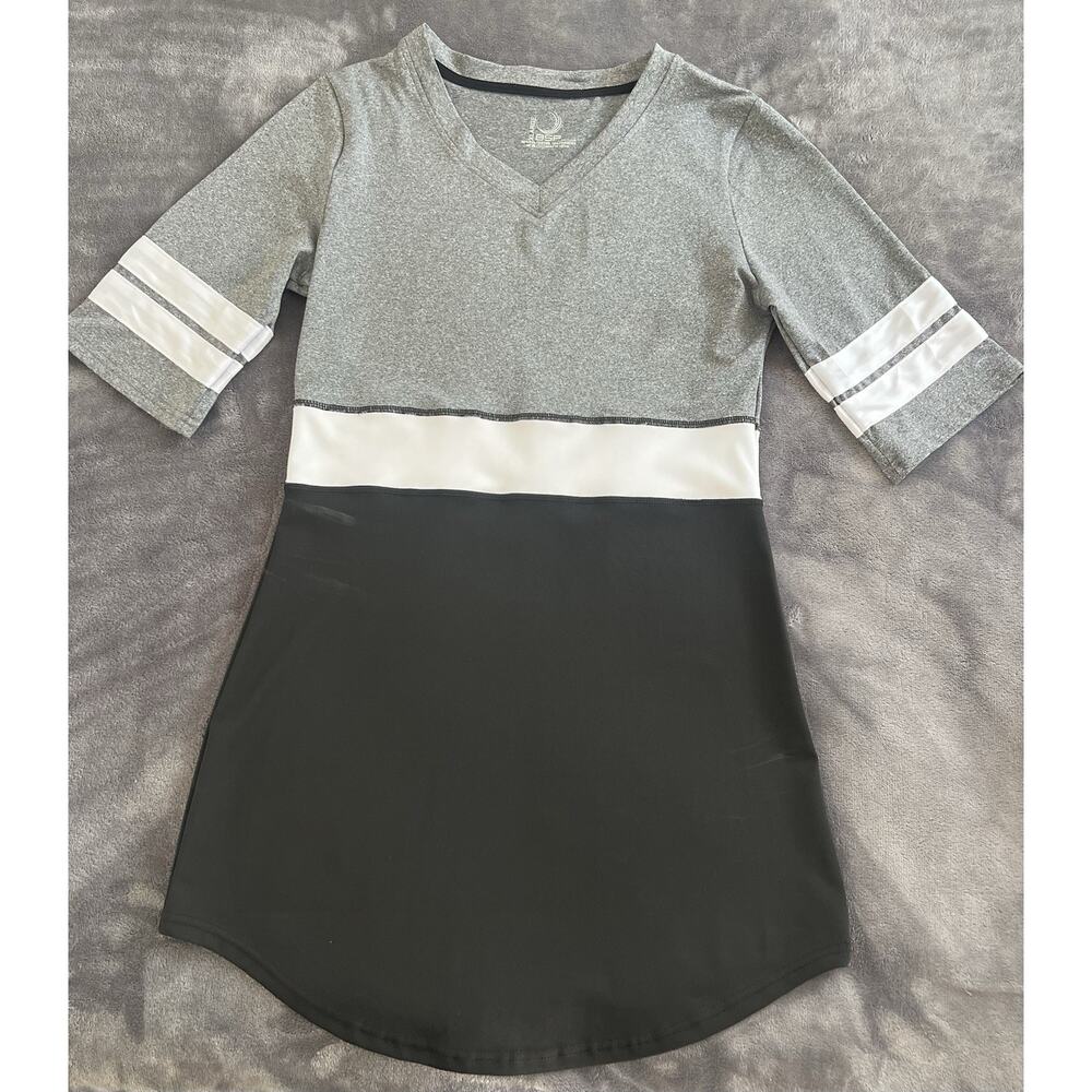 DSP Women's Colorblock T-Shirt Dress Gray Black White Striped Knit Size L